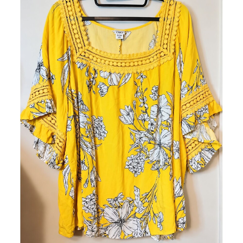 Cato Plus Size 26/28W Yellow Floral Blouse Square Neck Crochet Lace Boho Top